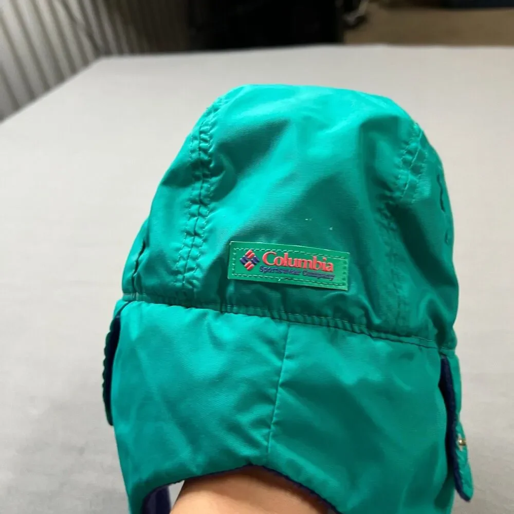 Vintage Columbia Trapper Hat Unisex S/M Teal Purple Fleece Lined Ear Flap Winter